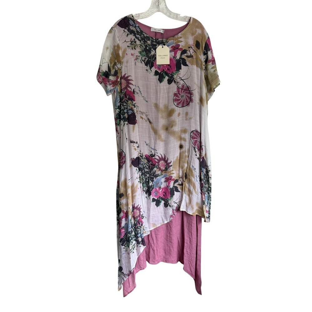Cellabie Floral Linen Blend Asymmetrical Handkerchief Hem Dress 3XL NWT Mauve